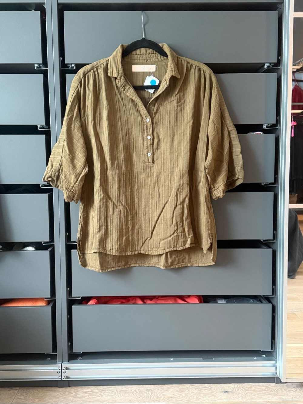 Cali Casual Lightweight Button-Front Blouse in Tan